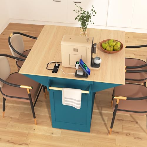Large Kitchen Island Cart with 2 Drop Leaf, Mobile Dining Table with Storage Cabinet, Rolling Kitchen Cart with Power Outlets, 3 Drawers, Spice & Towel Rack