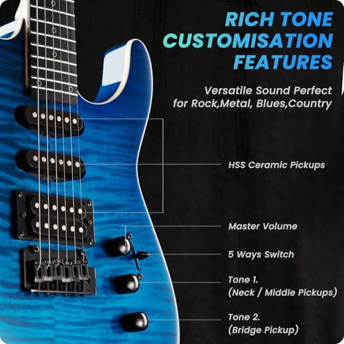 39" Solid Body Electric Guitar: Electric Guitar Kit with Bone Nut, Full Size 6 String Guitars with 24 Frets, Poplar Body AAA Flame Maple Top, Guitarra Electrica with HSS Ceramic Pickup,Black
