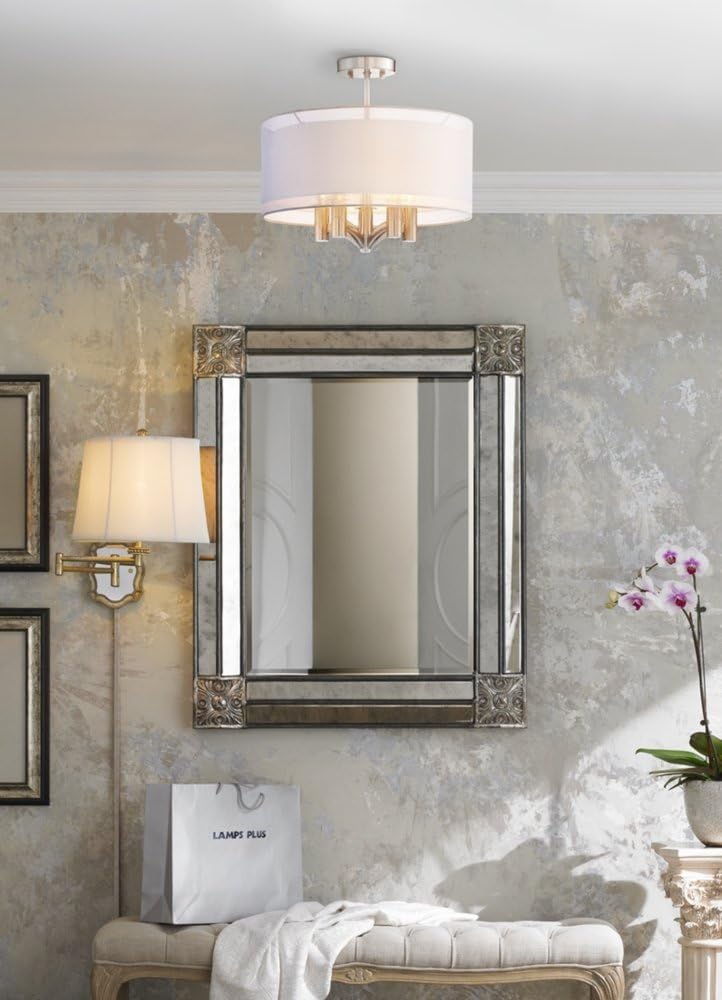 Possini Euro Design Caliari Modern Ceiling Light Semi Flush Mount Fixture Brushed Nickel 18" Wide 5-Light Sheer Silver White Linen Double Drum Shade for Bedroom Kitchen Living Room Hallway Bathroom