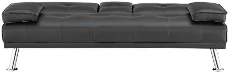 TJUNBOLIFE Black Futon Sofa Bed  Faux Leather Futon Couch  Black Sofa Bed Couch Convertible with Wooden Legs  Pull Out Sofa Bed  Reclining Small Couch Bed  Folding Futon Bed for Living Ro