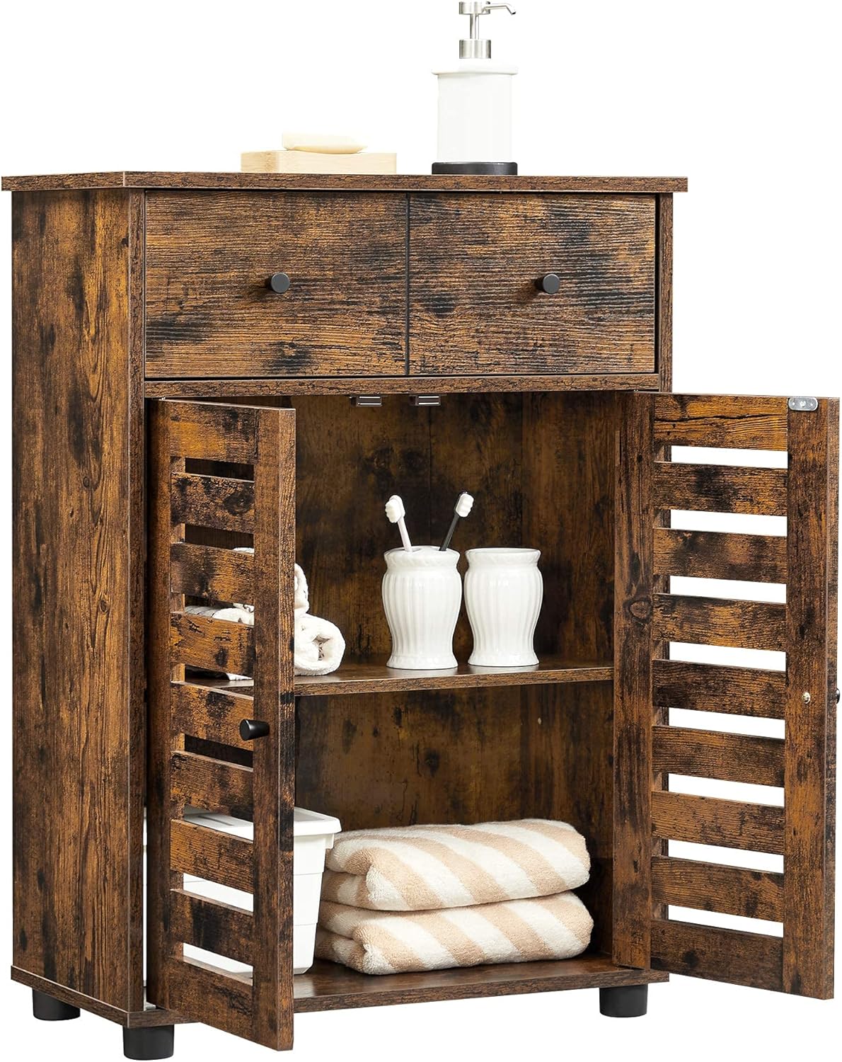 VASAGLE Bathroom Cabinet, Storage Cabinet, Floor Cabinet, 23.6 x 11.8 x 32.3 Inches, with 2 Louvered Doors, Drawer, Adjustable Shelf, for Living Room, Kitchen, Rustic Brown UBBK141X01