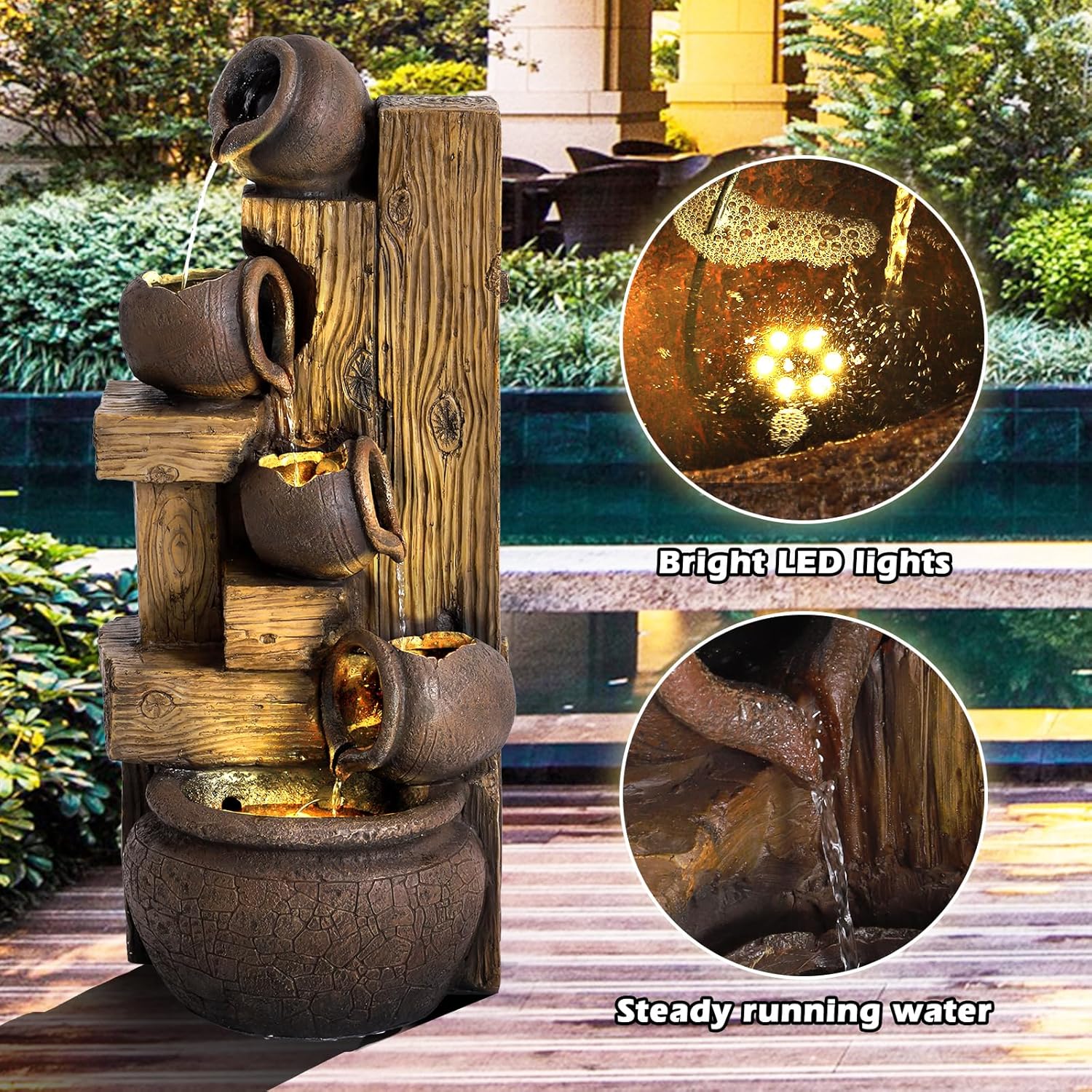 39.3" H Garden Water Fountain 5 Tier Outdoor Waterfalls Fountain with LED Lights and Pump Indoor/Outdoor Modern Floor Standing Water Fountain for Garden, Patio, House Decor (Brown)