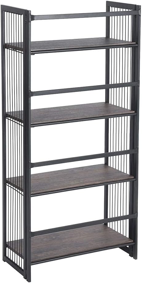 FurnitureR Classics 4-Tier Foldable Bookshelf Vintage Bookcase Modern Wood Look for Home Office