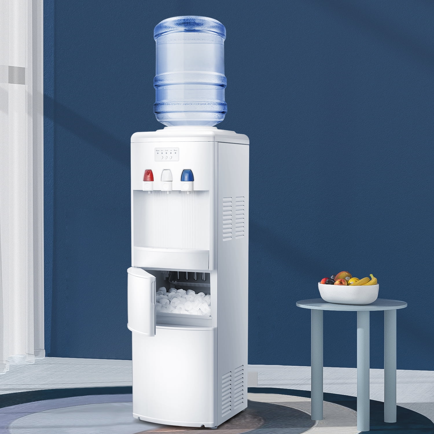 KISSAIR Water Cooler Dispenser with Built-in Ice Maker, Top Loading Water Coolers with 3 Temperature Settings - Hot, Cold & Room Temperature, 27Lbs/24H Ice Maker Machine with Child Safety Lock-White