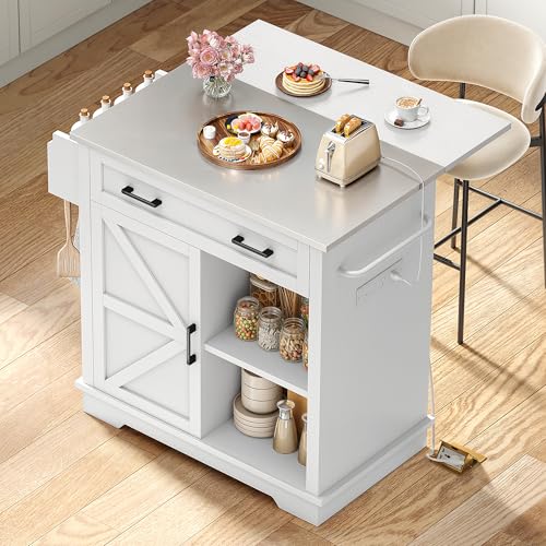 YITAHOME Kitchen Island with Stainless Steel Top & Drop Leaf, 47 Inch Kitchen Island on Wheels with Power Outlet, Rolling Portable Mobile Kitchen Cart w Storage Drawer Cabinet Counter Metal Top, White