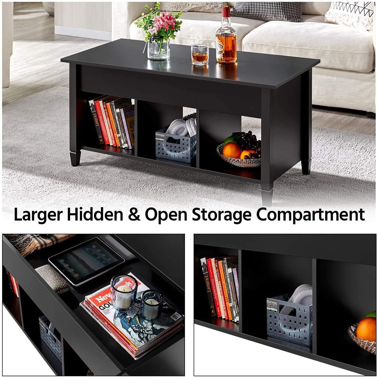 Coffee Table Lift Top Wood Home Living Room Modern Lift Top Storage Coffee Table w/Hidden Compartment Lift Tabletop Furniture, with 3 Hidden Compartment Storage Shelf (Black)