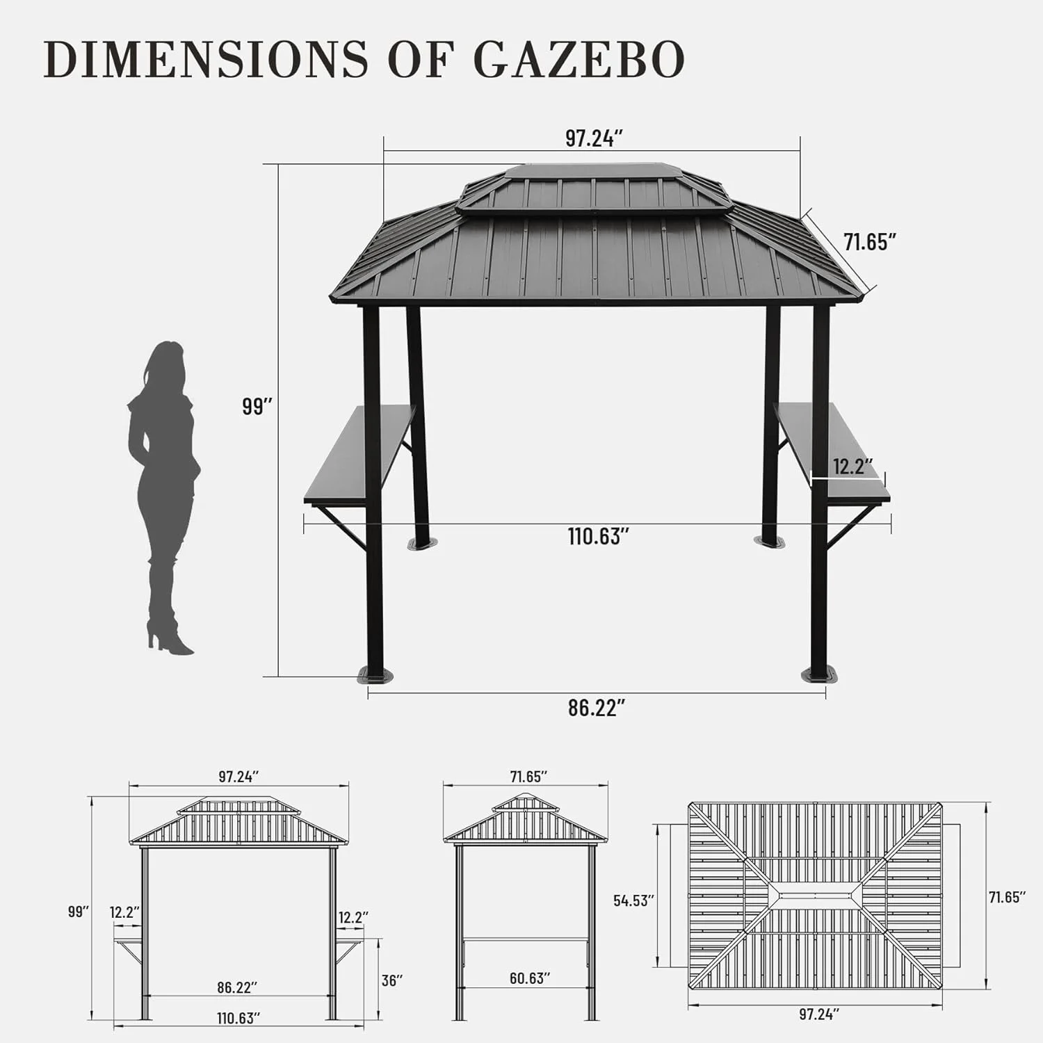 Domi Grill Gazebo 8'  6', Aluminum BBQ Gazebo Outdoor Metal Frame with Shelves Serving Tables, Permanent Double Roof Hard top Gazebos for Patio Lawn Deck Backyard and Garden (Gray)