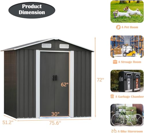 4ever2buy 8 x 8 FT Metal Outdoor Storage Shed, Large Shed Garden Storage Sheds, Galvanized Steel Shed with Air Vent for Backyard, Sheds & Outdoor Storage 2 Slide Door, Patio, Lawn