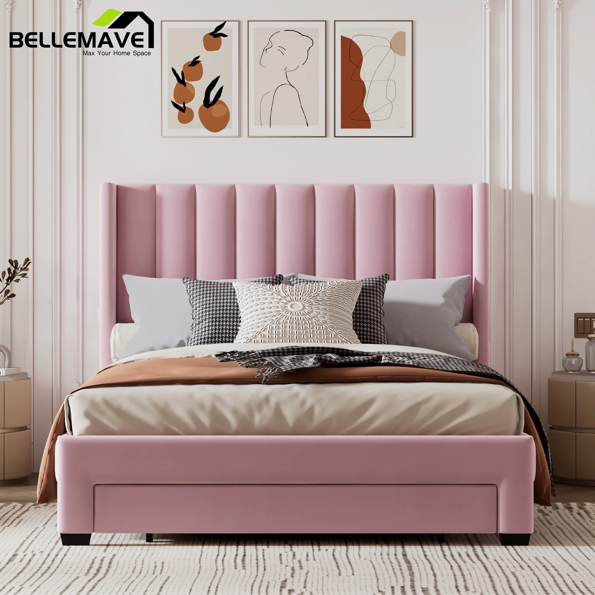 Bellemave Queen Size Pink Velvet Upholstered Wood Platform Bed with a Big Drawer and Soft Headboard