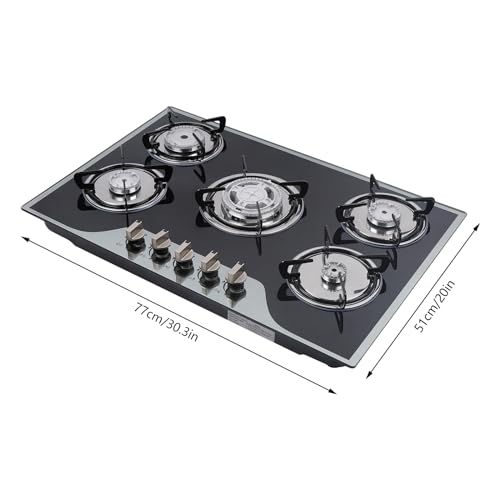 30" Gas Cooktop LPG/NG, 5 Burners Gas Stove Gas Hob Stovetop, Built-in Gas Stove Top, Thermocouple Protection, Stainless Steel Gas Hob with Power Boil, Simmer, Continuous Grates