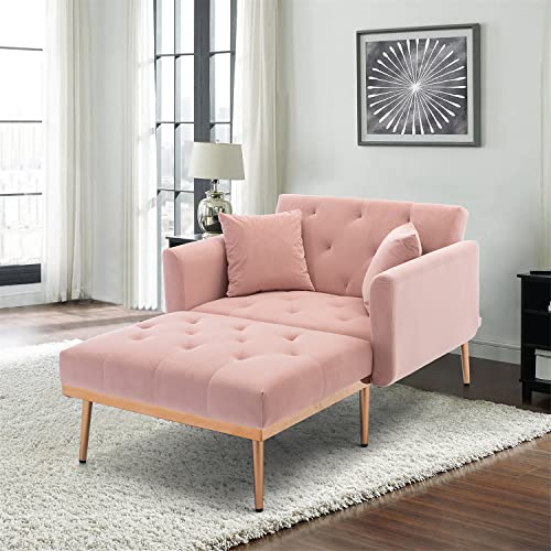 Velvet Chaise Lounge Indoor, 2-in 1 Lounge Chair with Adjustable Backrest, Modern Single Sofa Chair Bed with Solid Golden Metal Legs (Beige)