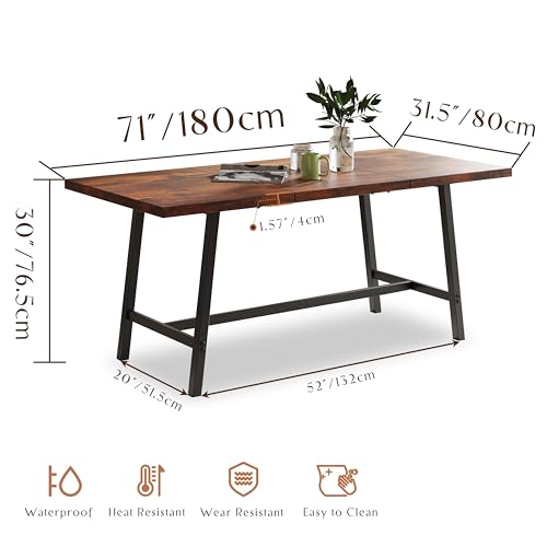 71" Dining Table for 6 to 8 People, Large Farmhouse Wood Kitchen Table with Strong Metal Frame, 350 Pound Capacity Legs - Rustic Brown