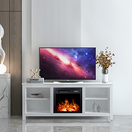 Classic 4 Cubby Fireplace TV Stand, Electric Fireplace TV Stand for 65 Inch TV with 4 Open Storage Shelves, Modern TV Storage Cabinet Center Stand with Fireplace for Living Room (White)
