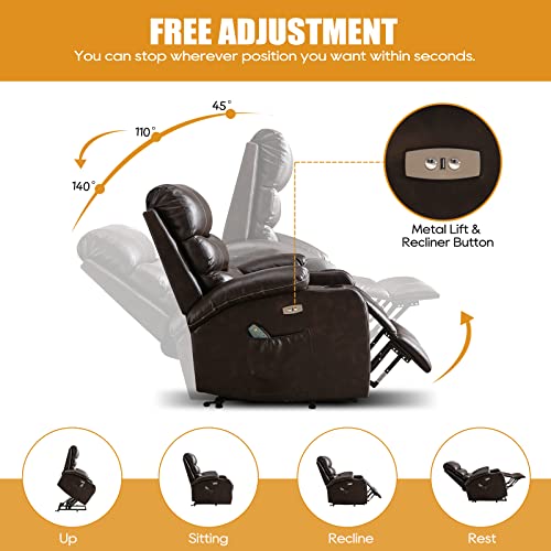 Lift Chair, Lift Chairs Recliners for Elderly, Power Lift Chair with Massage and Heat, Power Lift Chair with USB Port, 2 Cup Holders, 4 Pockets, PU Leather