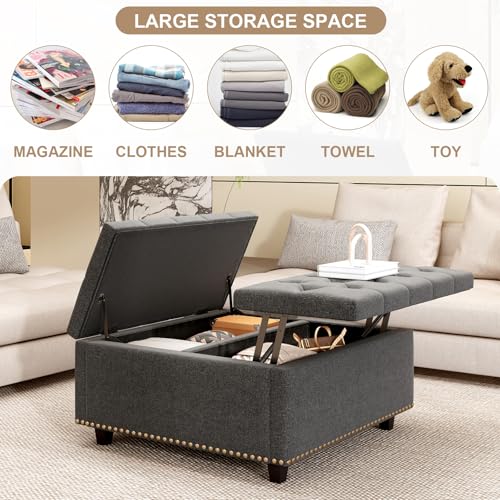Large Square Storage Ottoman Coffee Table, 32'' Oversized Square Ottoman with Storage, Linen Upholstered Storage Ottomans with Lift Top & Nailhead Trim for Living Room, Light Grey