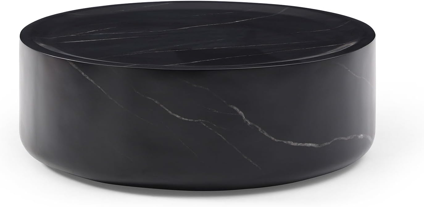 Henf 31.5" Round Marble Coffee Table for Living Room Modern Black Faux Marble Drum Coffee Table Circle Center Table Cocktail Table Sturdy Fiberglass Living Room Table No Need Assembly (Black)