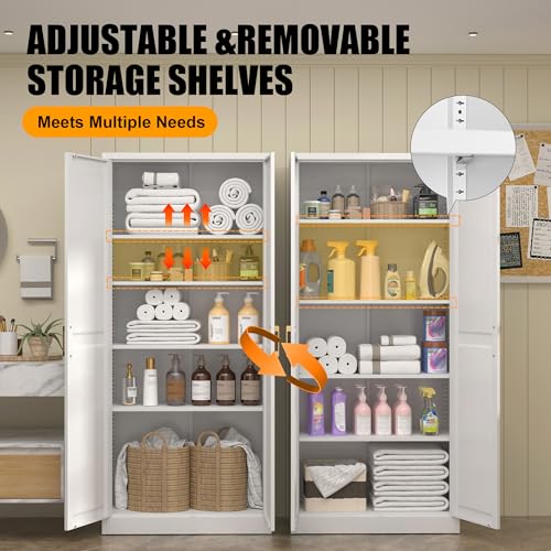 71" Tall Metal Storage Cabinet, Kitchen Pantry Storage Cabinets with Doors and 4 Shelves, White Pantry Cabinet, Utility Kitchen Cupboard, Large Steel Cabinets for Dining Room, Office, Living Room