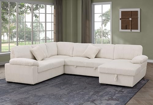 Oversized U-Shaped Sectional Sofa Couch Plush Corduroy Upholstered Modular Deep Seat Sofa&Couch Sectional W/Right Facing Chaise Lounge and 7 Toss Pillows for Home Apartment Living Room Furniture Sets