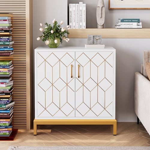 Accent Storage Cabinet with Doors, Freestanding Floor Cabinet, Sideboard Buffet Cabinet with Gold Lines, Carved Decorative Cabinets for Living Room, Kitchen, Office White with Gold Legs