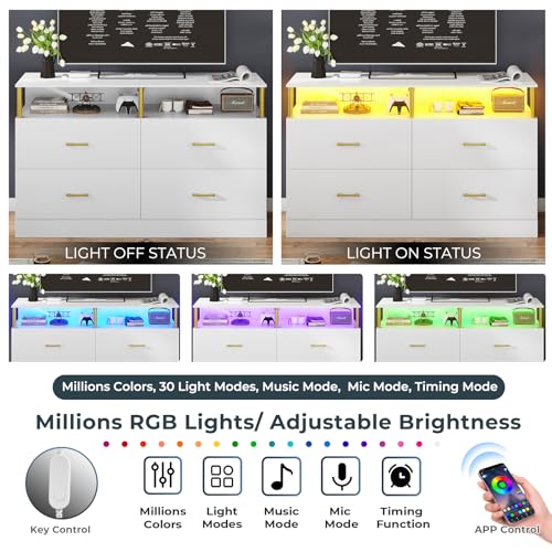 AOGLLATI White Dresser for Bedroom with Charging Station, Dressers & Chests of Drawers with Column Design, 4 Drawer Modern Bedroom Led Wide Wood Dresser for Bedroom