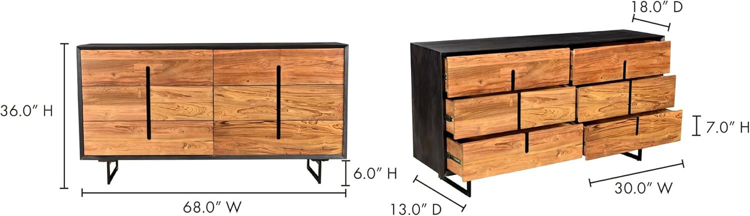 Lennox, Dresser, Scandinavian Solid Mango Wood with Reclaimed Teak Doors and Steel Legs, 6 Drawers, Light Brown