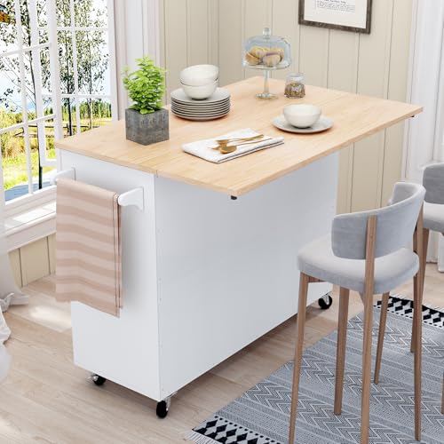 HLR Kitchen Island with Storage, Rolling Kitchen Island on Wheels with Drop-Leaf Bar Countertop, Island Table for Kitchen with Side Open Spice Rack and Tower Rack, Extra Storage for Kitchen