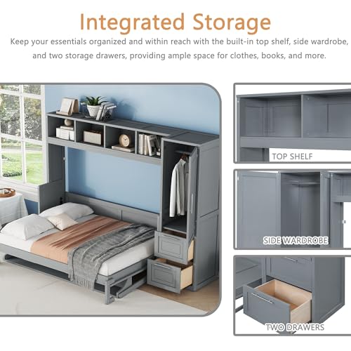 Linique Full Size Murphy Cabinet Storage Wall Bed with Closet and Drawers and Built-in Top Shelf,Hide a Bed on a Wardrobe Space Saving Design,Gray
