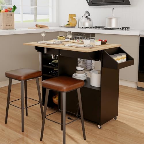 Giantex Rolling Kitchen Island Cart with Drop Leaf, Power Outlet, Spice Rack, 12 Wine Rack, Glass Holder, Drawer, Storage Cabinet, Towel Rack, Island Table for Breakfast Coffee Bar (Rustic Brown)
