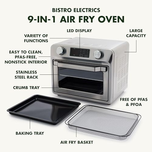 GreenPan Bistro Matte Black 9-in-1 Air Fry Oven, Nonstick Baking Pan, Stainless Steel Rack, and Basket, Fast Heating, Multifunction Presets, Cool-Touch Handle, PFAS-Free, Easy Cleanup Crumb Tray