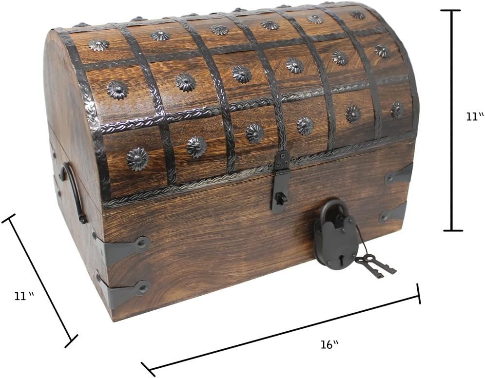 Nautical Cove Pirate Treasure Chest with Iron Lock and Skeleton Key - Storage and Decorative Box (X-Large 16 x 11 x 10.5)