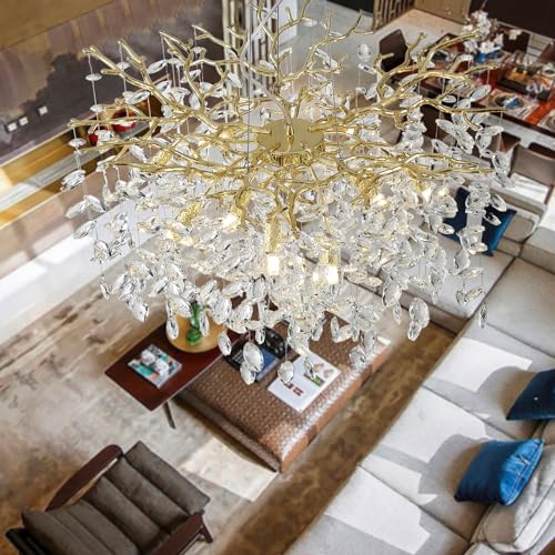 Modern K9 Crystal Chandelier Lighting Gold Luxury Tree Branch Chandelier Pendant Round Ceiling Light Fixtures for Dining Room,Bedroom,Living Room (Gold-D30IN)
