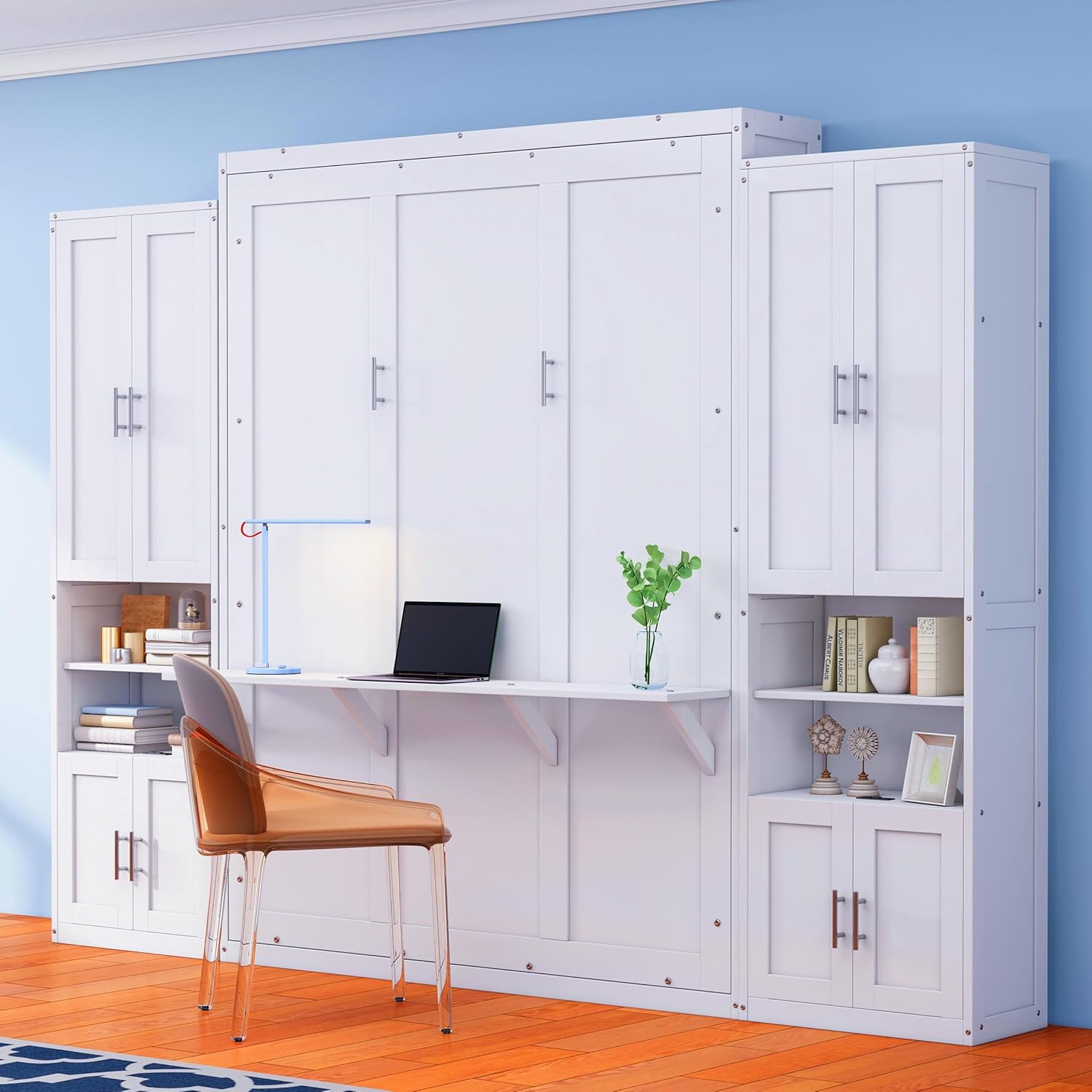 Wooden Full Size Murphy Bed 61.5-inch Cabinet Bed Folding Wall Bed with Desk Combo and 2 Side Cabinet Storage Shelf,for Small Spaces Studio Office Guest Room Use (White@USB ports/, Full)