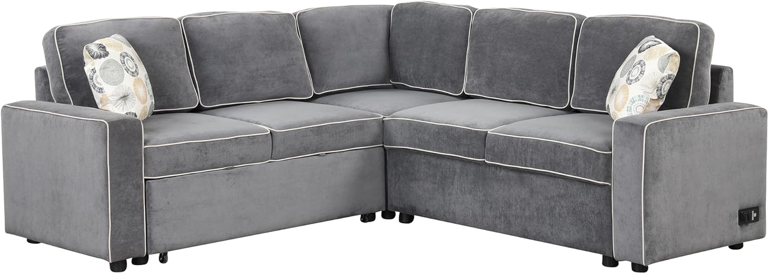 Modern Convertible Sleeper Sofa Linen 5 Person Large L-Shape Sectional Couch with Multi-Functional Pull Out Bed, 2 USB Ports, 2 Power Sockets and 3 Pillows for Living Room, Bedroom, Office
