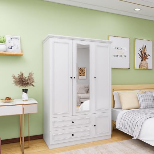 Wooden Armoire Wardrobe Closet White with 4 Doors, 2 Hanging Rods, 4 Drawers, Clothes Cabinet and Mirror Large Storage Capacity for Bedroom Armoire, 61.42" W x 20.59" D x 70.87" H