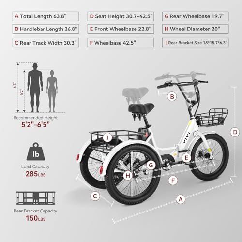 Vivi T01 20" x2.6 Fat Tire Electric Tricycle for Adults, 750W Peak 20'' Folding 3 Wheels Electric Bike, 95% Pre-Assembled, Speed Differential, 15.5MPH Eletric Trike with Bracket