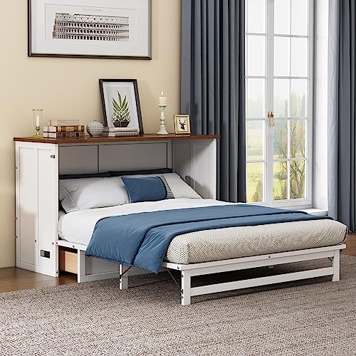 Full Murphy Bed, Full Murphy Cabinet Bed with Storage Drawers, Murphy Bed with Charging Station, Wood Murphy Bed Cabinet Bed, Murphy Bed Chest Murphy Bed Frame Wall Bed for Guest Bedroom, White+Walnut
