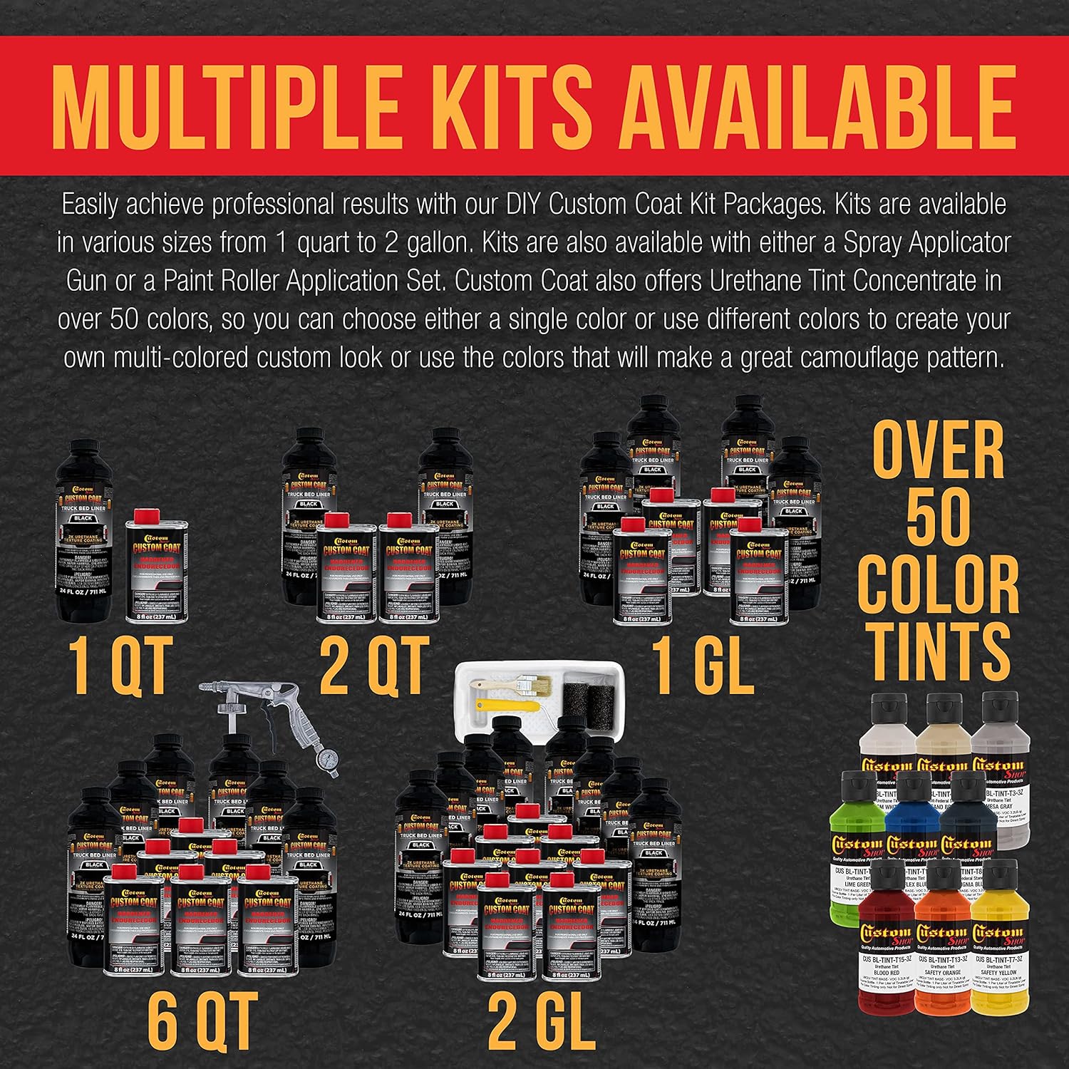 Custom Coat Black 1 Gallon Urethane Spray-On Truck Bed Liner Kit - Easy 3 to 1 Mix Ratio, Just Mix, Shake and Shoot - Professional Durable Textured Protective Coating, Prevent Rust - Car, Auto