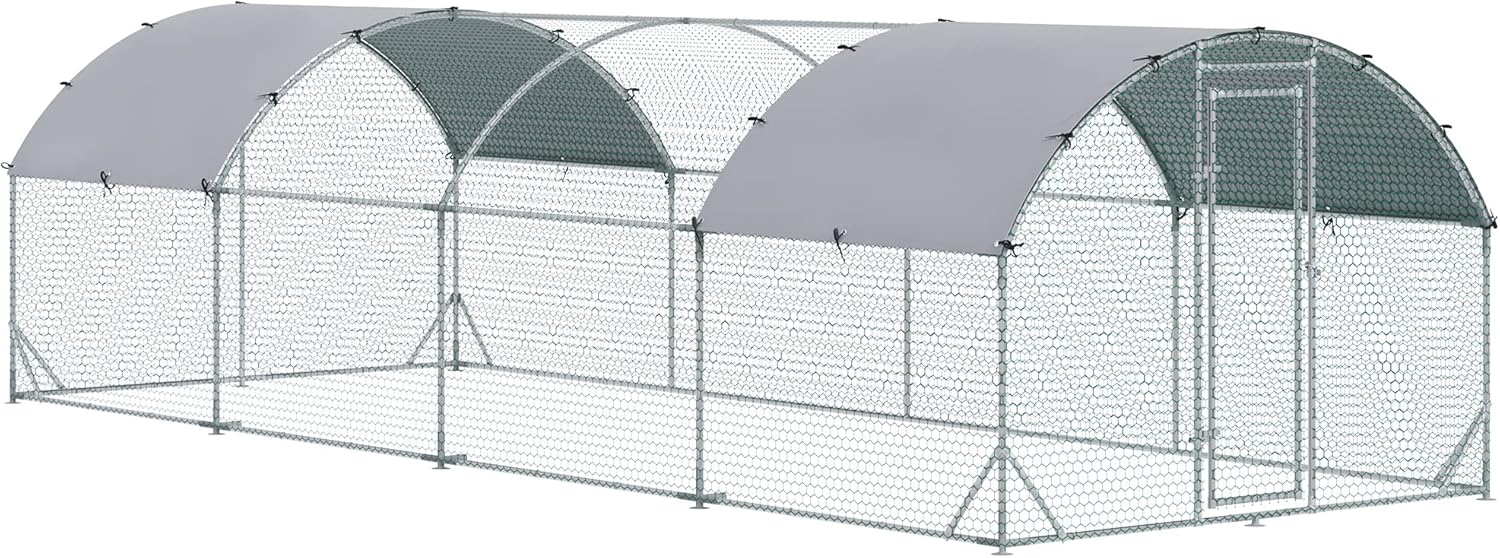 PawHut Chicken Run Large Metal Chicken Coop with Waterproof and Anti-UV Cover, Dome Shaped Walk-in Fence Cage Hen House for Outdoor and Yard Farm Use, 1" Tube Diameter, 9.2' x 24.9' x 6.5'