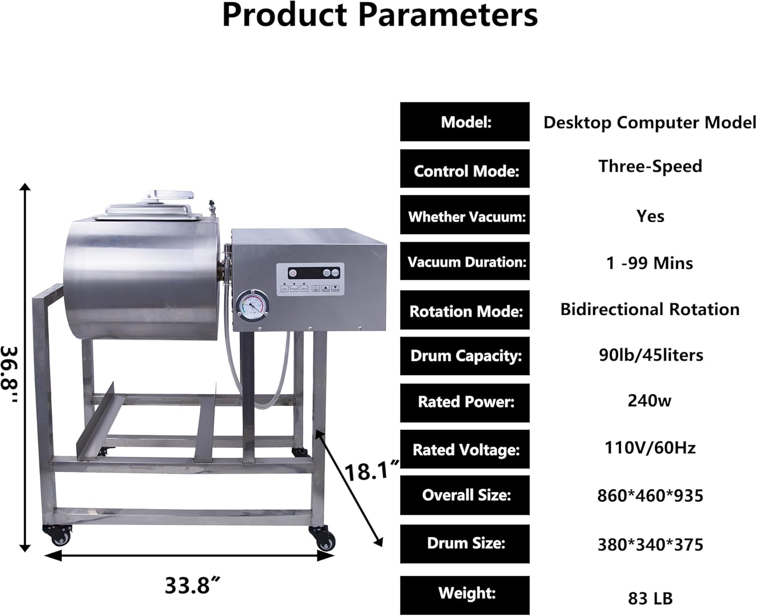 Hakka Commercial Meat Tumbler 90lb/45 liters - Vacuum Curing Machine for Jerky, Sausage, Bacon & More - Stainless Steel Food-Grade Tumbling Marinator w/Bidirectional Rotation & Speed Control