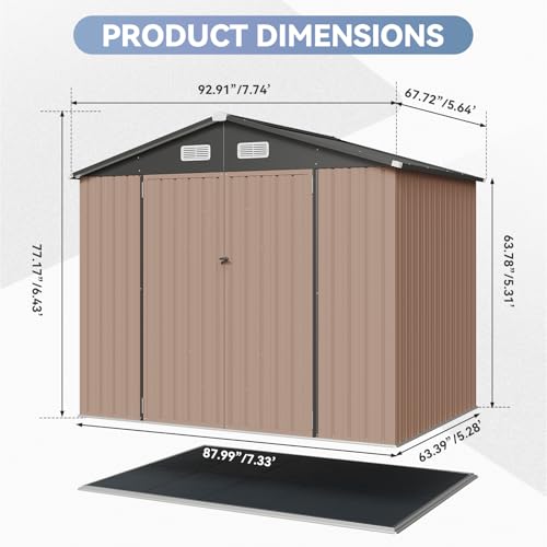 8'x4' Shed Galvanized Steel Storage Sheds with Triple Doors Weatherproof Outdoor Utility Sheds, Dual Lock Lean to Shed with Sloped Roof for Mower, Bike, Generator, Garden Tools (Black)
