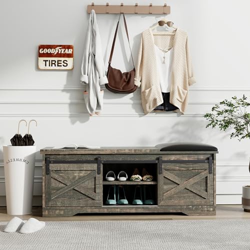 47" Shoe Bench Entryway with Storage,Farmhouse Shoe Bench with Sliding X Barn Door, Entryway Bench with Storage Space and Padded Cushion,2-Tier Shoe Bench for Entryway,Living Room(Antique Gray)