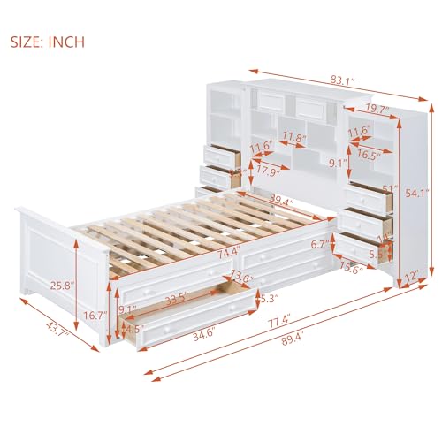 Twin Storage Bed, Wood Platform Bed with Bookcase Headboard and 10 Drawers, Modern Wooden Captain Beds Frame for Kids Boys Girls Teens, Gray