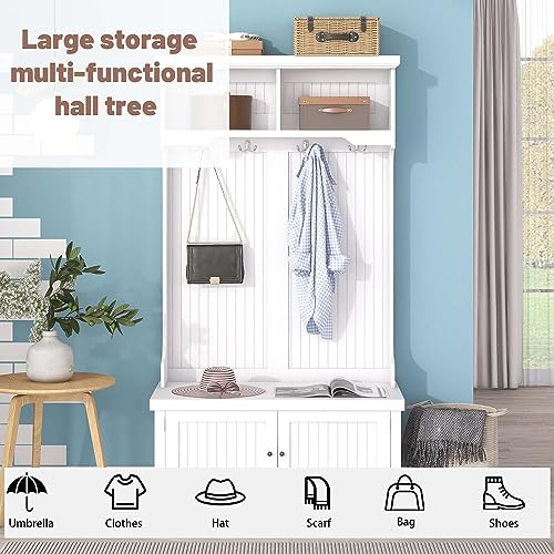 Modern Classic Hall Tree 4-in-1 Design Coat Racks Multi-Functional Entryway Coat Rack with Storage Shoe Bench Tall Hall Tree with 4 Hooks for Entryway,Hallway,Living Room (White)