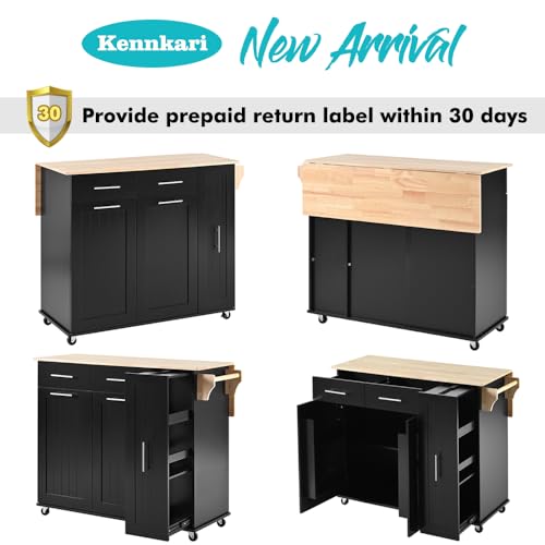 Rolling Kitchen Island on Wheels with Storage 3 Tier Cabinet and Drawers, Table with Towel and Spice Rack, Cart with Drop Leaf and Power Outlet (Type P. Black)