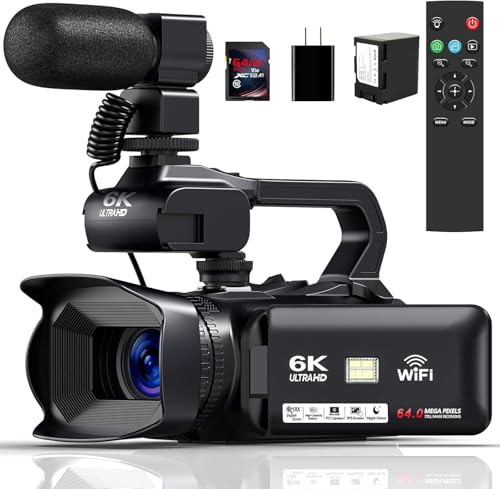 6K Camcorder Video Camera 64MP IR Night Vision Vlogging Camera for YouTube 18X Digital Zoom 4.0 Inch Touch Screen Video Camera with WiFi, Microphone, Remote Control, 64GB SD Card,Stabilizer