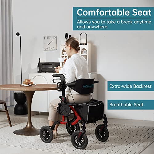 ELENKER All-Terrain 2 in 1 Rollator Walker & Transport Chair, Folding Wheelchair with 10” Non-Pneumatic Wheels for Seniors, Reversible Backrest & Detachable Footrests, Blue