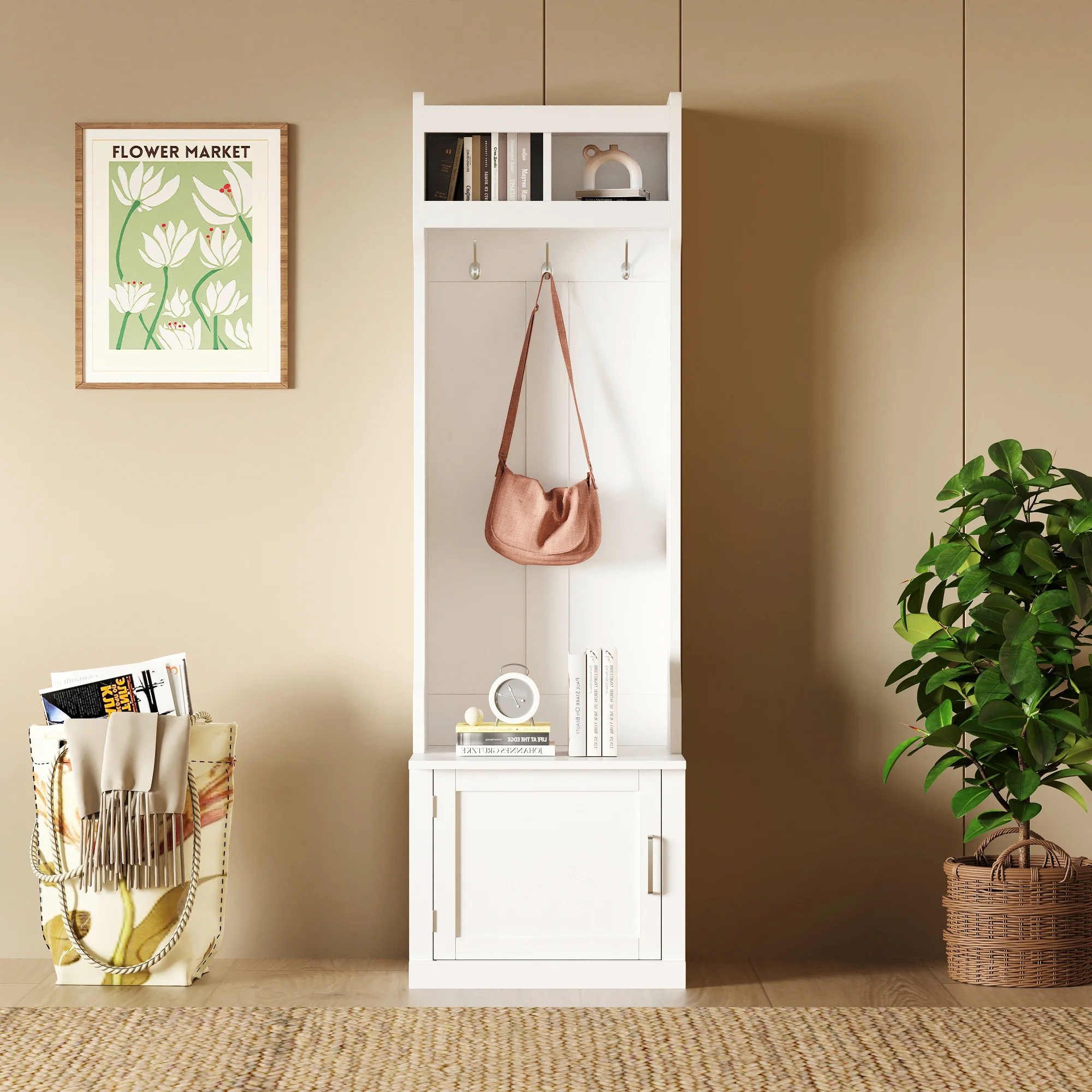 CoSoTower Minimalist Slim Hall Tree with Cabinet & 6 Hanging Hooks, Multi-Functional Storage Bench with Coat Rack, Elegant Foyer Cabinet for Hallway, Living Room, White