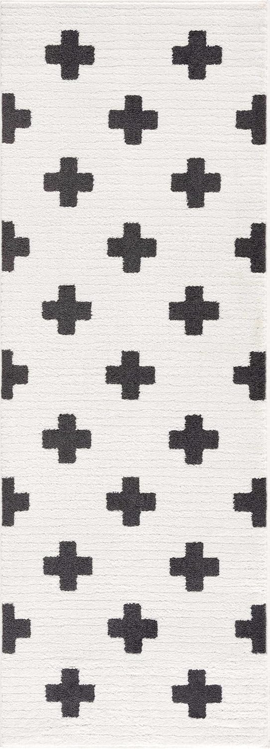 Hauteloom Erath Soft High Pile Living Room Bedroom Area Rug - Swiss Cross Bohemian Farmhouse Carpet - Black White - 7'10" x 10'3"