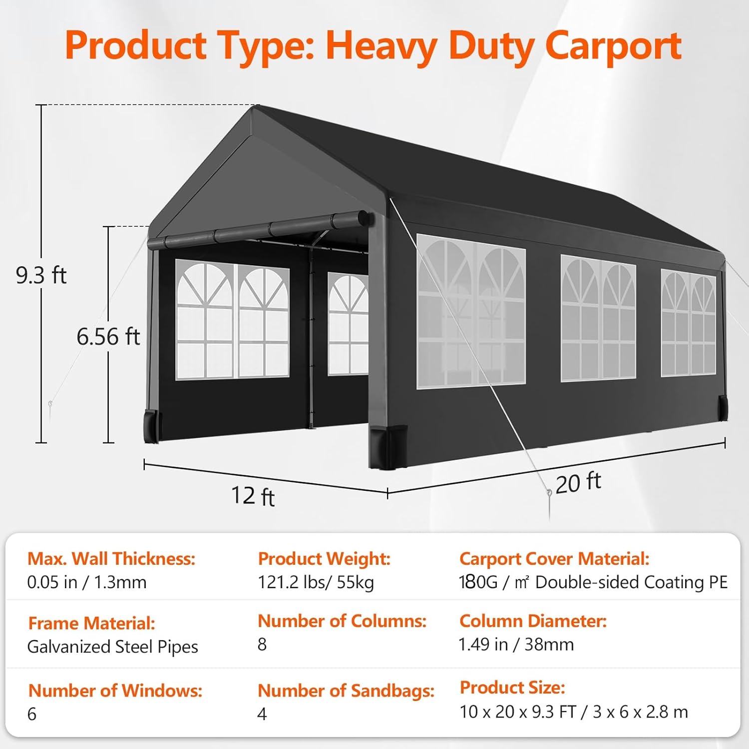 12 * 20 Heavy Duty Carport Canopy, Portable Car Tent Garage with 6 Roll-up Windows and All-Season Tarp Cover, Metal Roof & 4 Sandbags for Car, SUV, Truck & Boat, Black