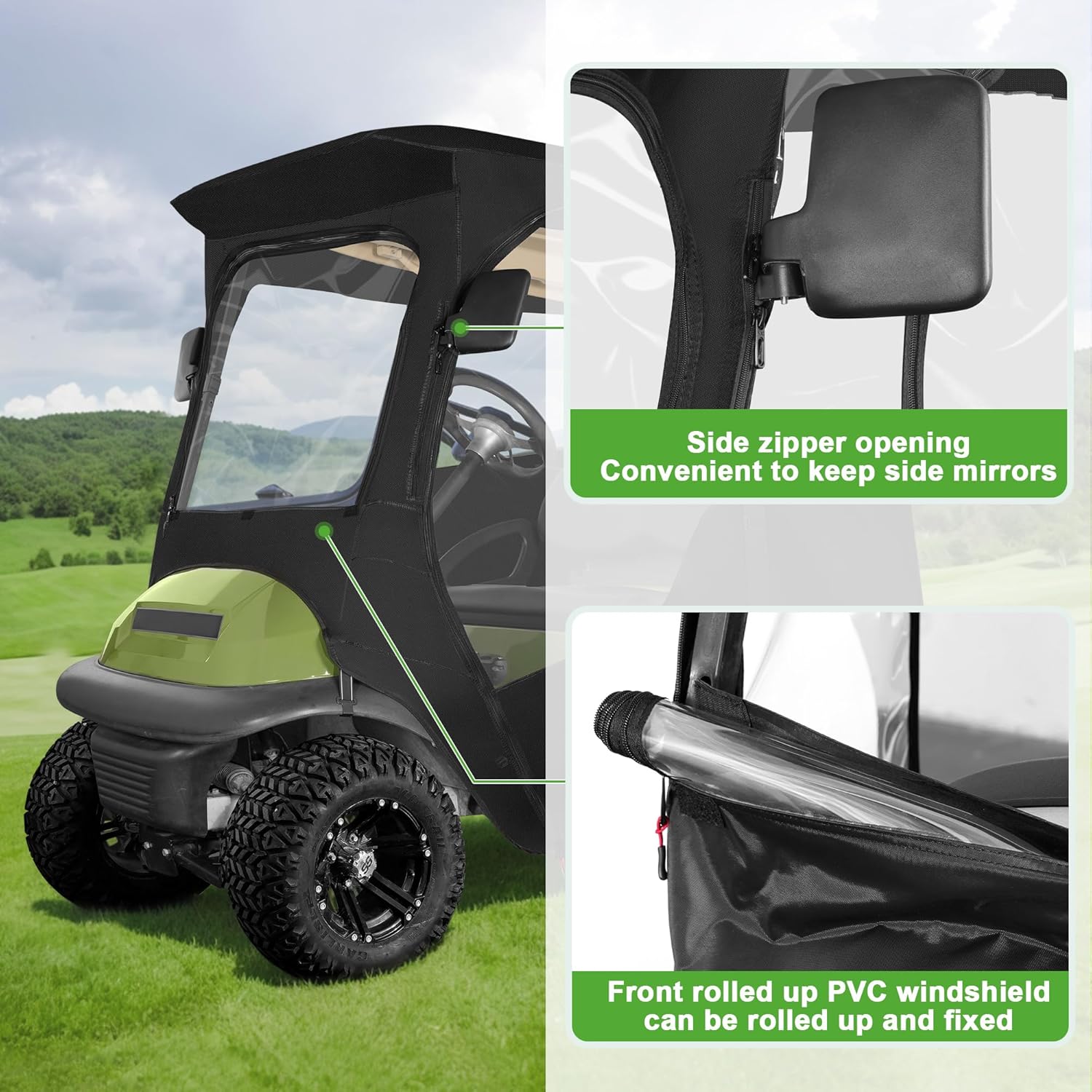 10L0L 800D Deluxe Golf Cart Enclosure 2 Passenger for Club Car Precedent, Onward & Tempo Golf Cart, 4 Sided Clear PVC Window with Security Side Mirror Openings and Zipper Entry Golf Cart Rain Cover